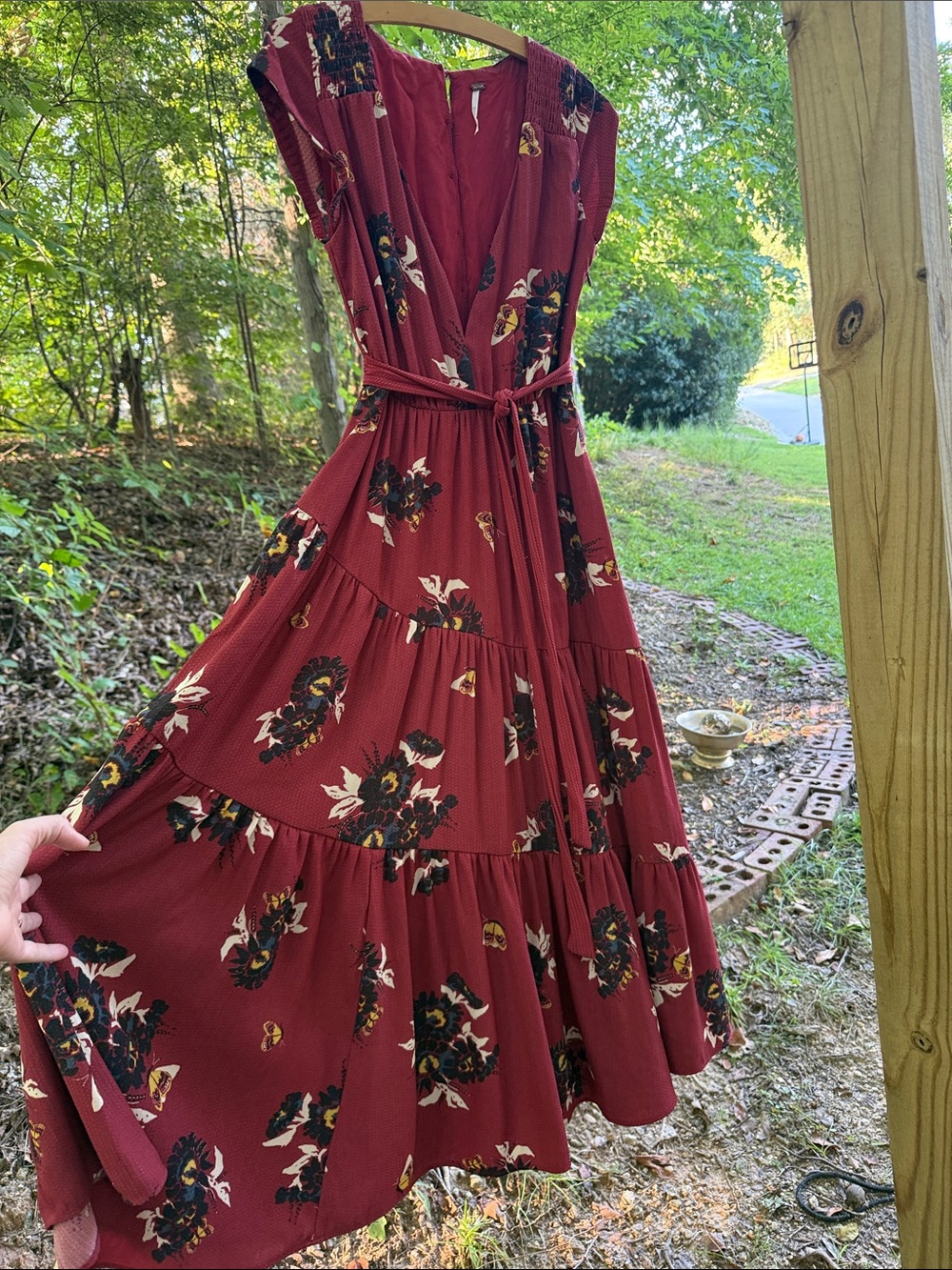 Free People Women’s Floral Tiered Maxi Dress in Deep Red